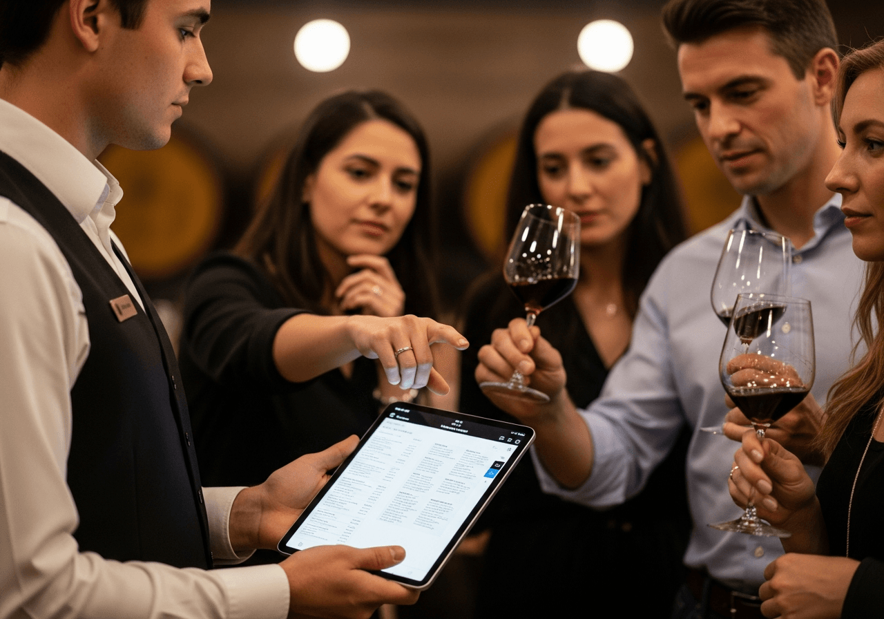 Server holding an iPad while people taste wine