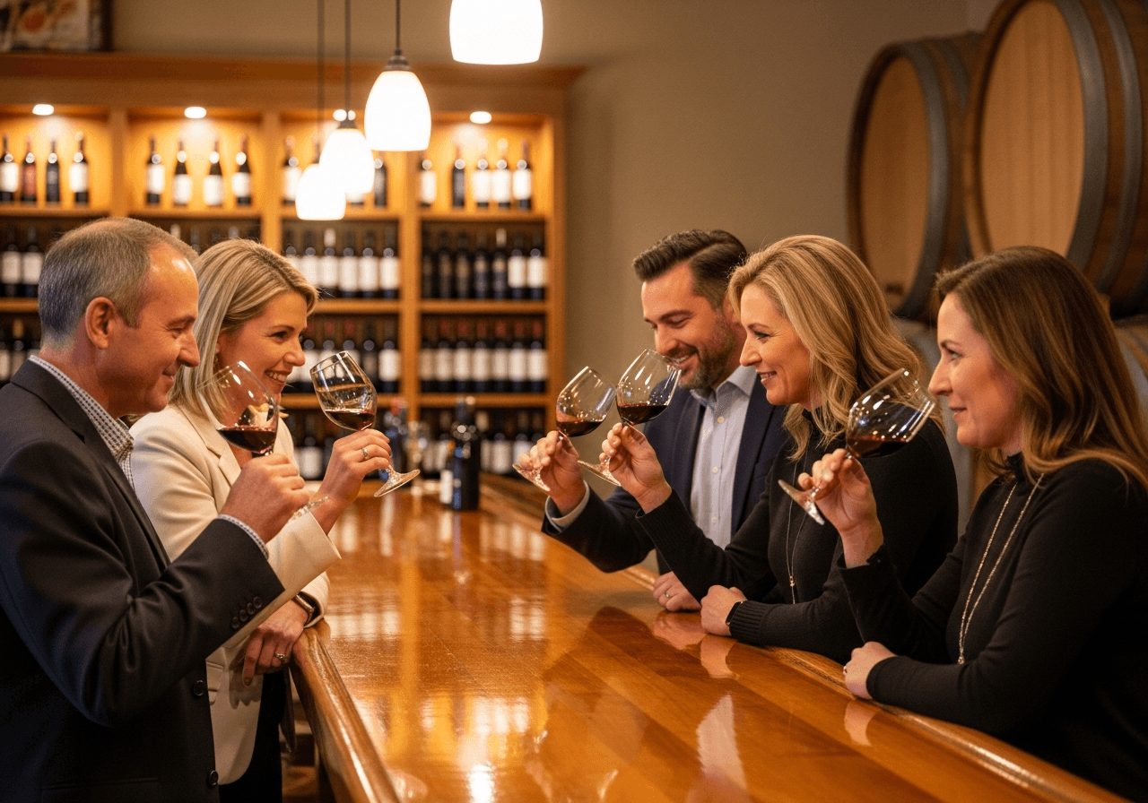Friends enjoying wine tasting at a vineyard